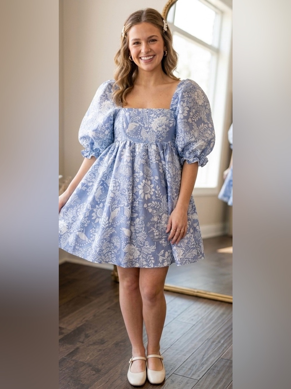 Storia Blue Floral Metallic Shimmer Puff Sleeve Babydoll Mini Dress - Size S